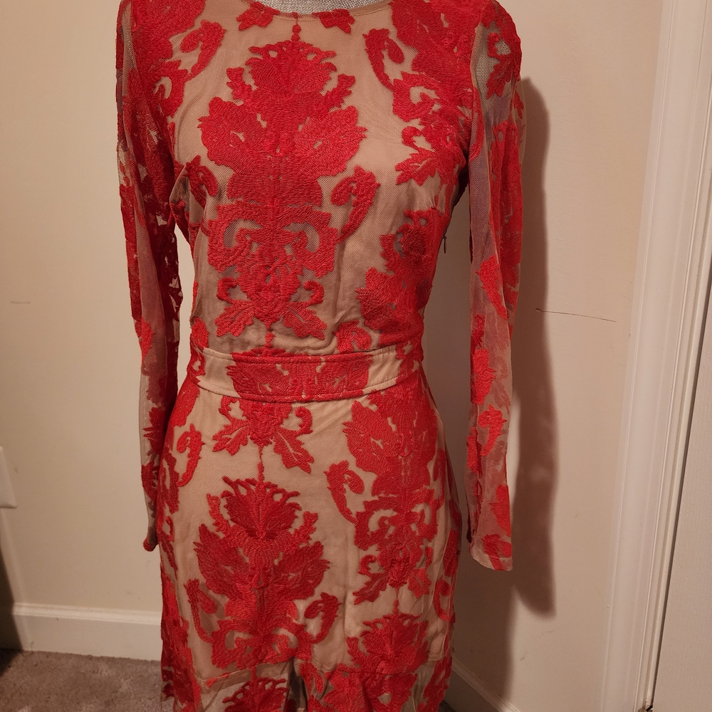 For Love And Lemons Red and Cream Long Sleeve Dress